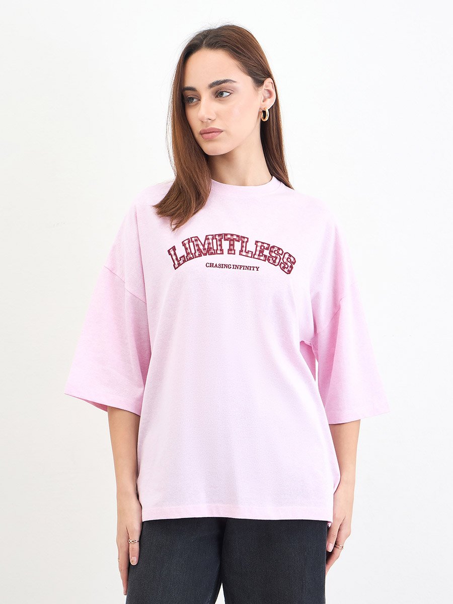 Pink Oversized Slogan Print T-Shirt