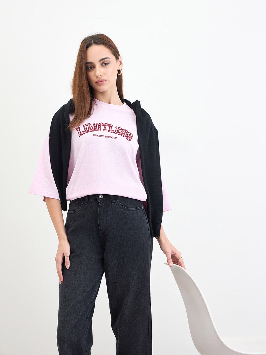 Pink Oversized Slogan Print T-Shirt
