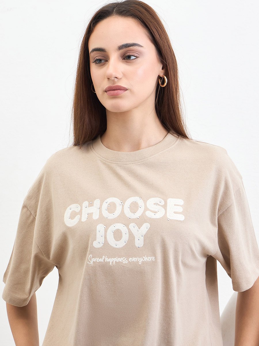 Beige Slogan Print Embellished Oversized T-Shirt