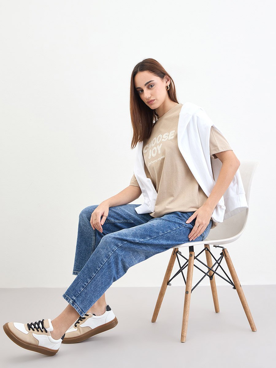 Beige Slogan Print Embellished Oversized T-Shirt