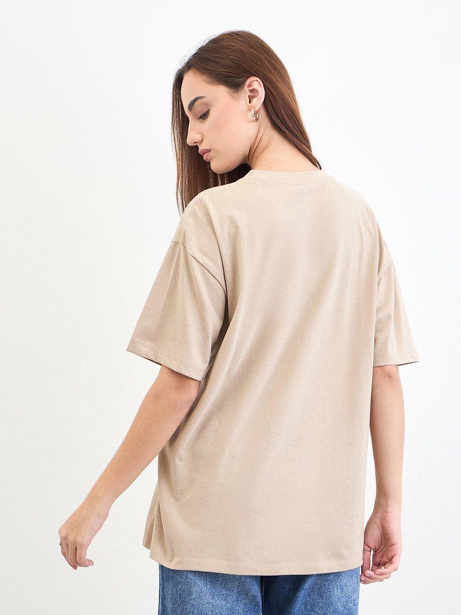 Beige Slogan Print Embellished Oversized T-Shirt