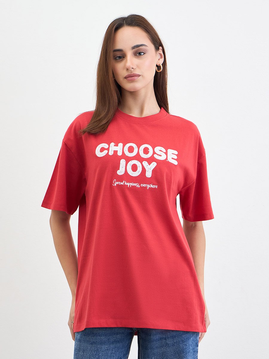 Red Slogan Print Embellished Oversized T-Shirt