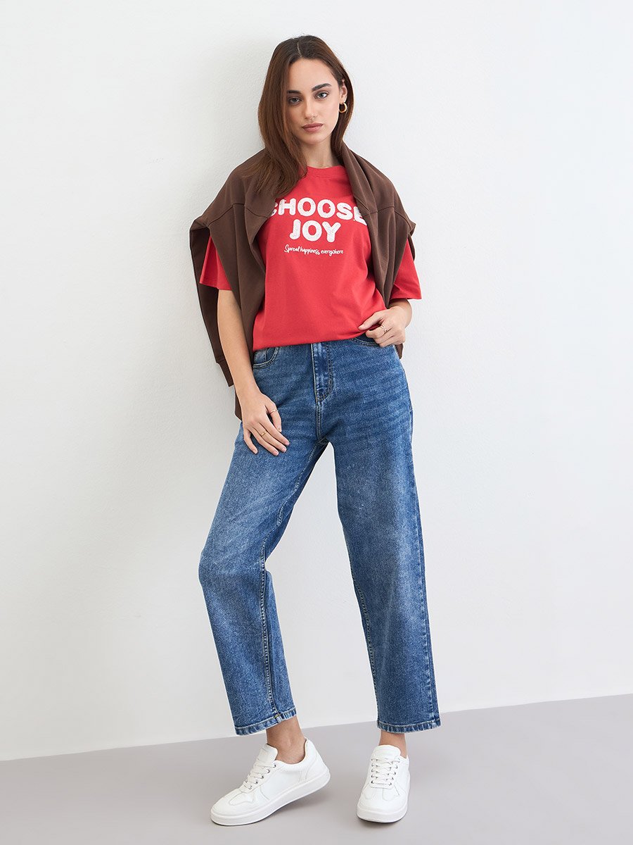 Red Slogan Print Embellished Oversized T-Shirt
