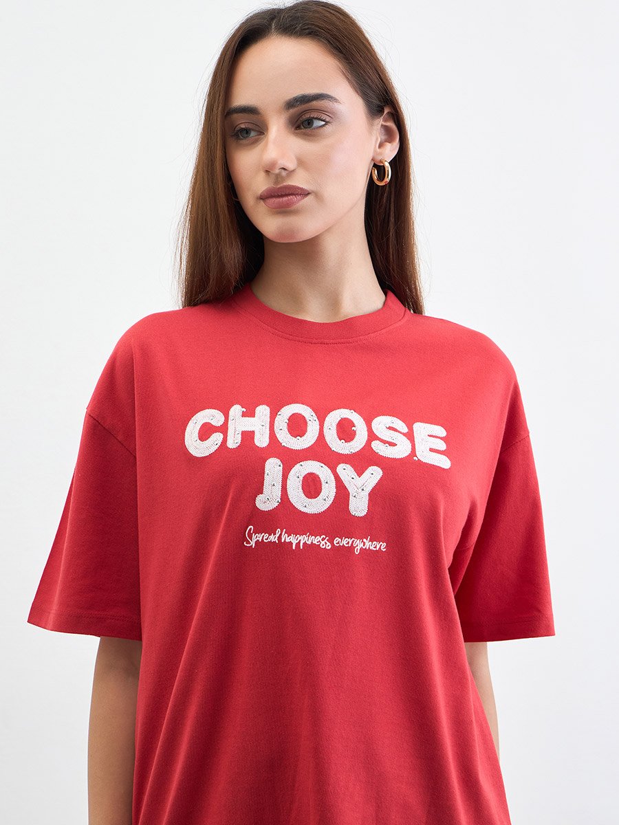 Red Slogan Print Embellished Oversized T-Shirt