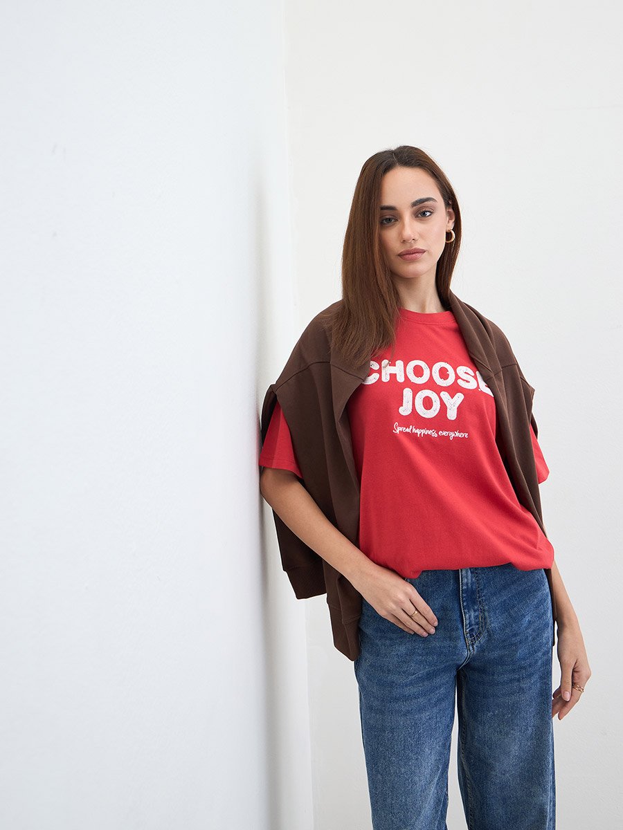 Red Slogan Print Embellished Oversized T-Shirt