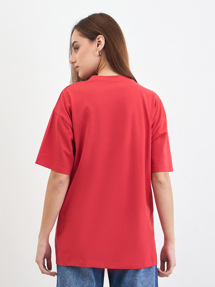 Red Slogan Print Embellished Oversized T-Shirt