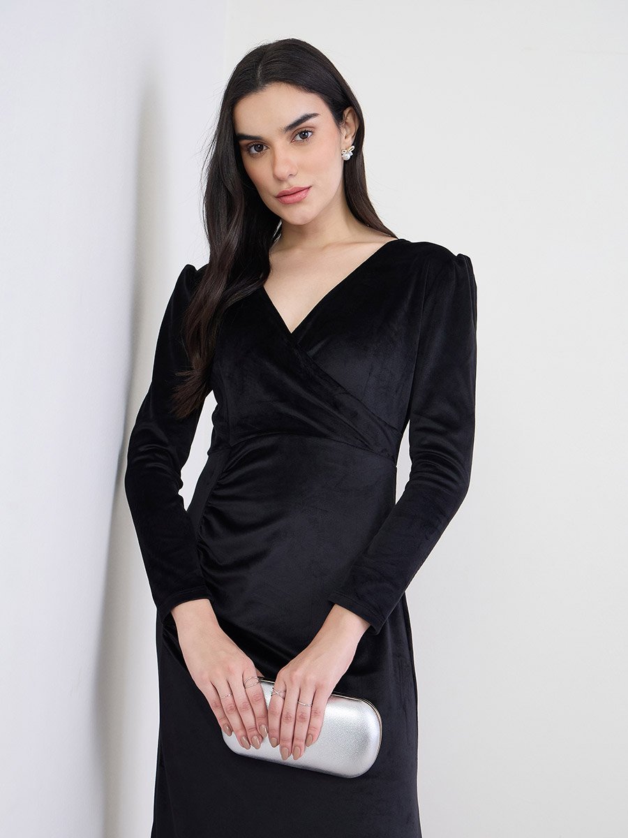Women Black Velvet Wrap Maxi Dress