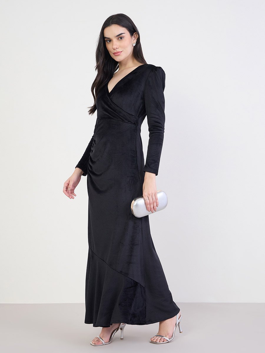 Women Black Velvet Wrap Maxi Dress