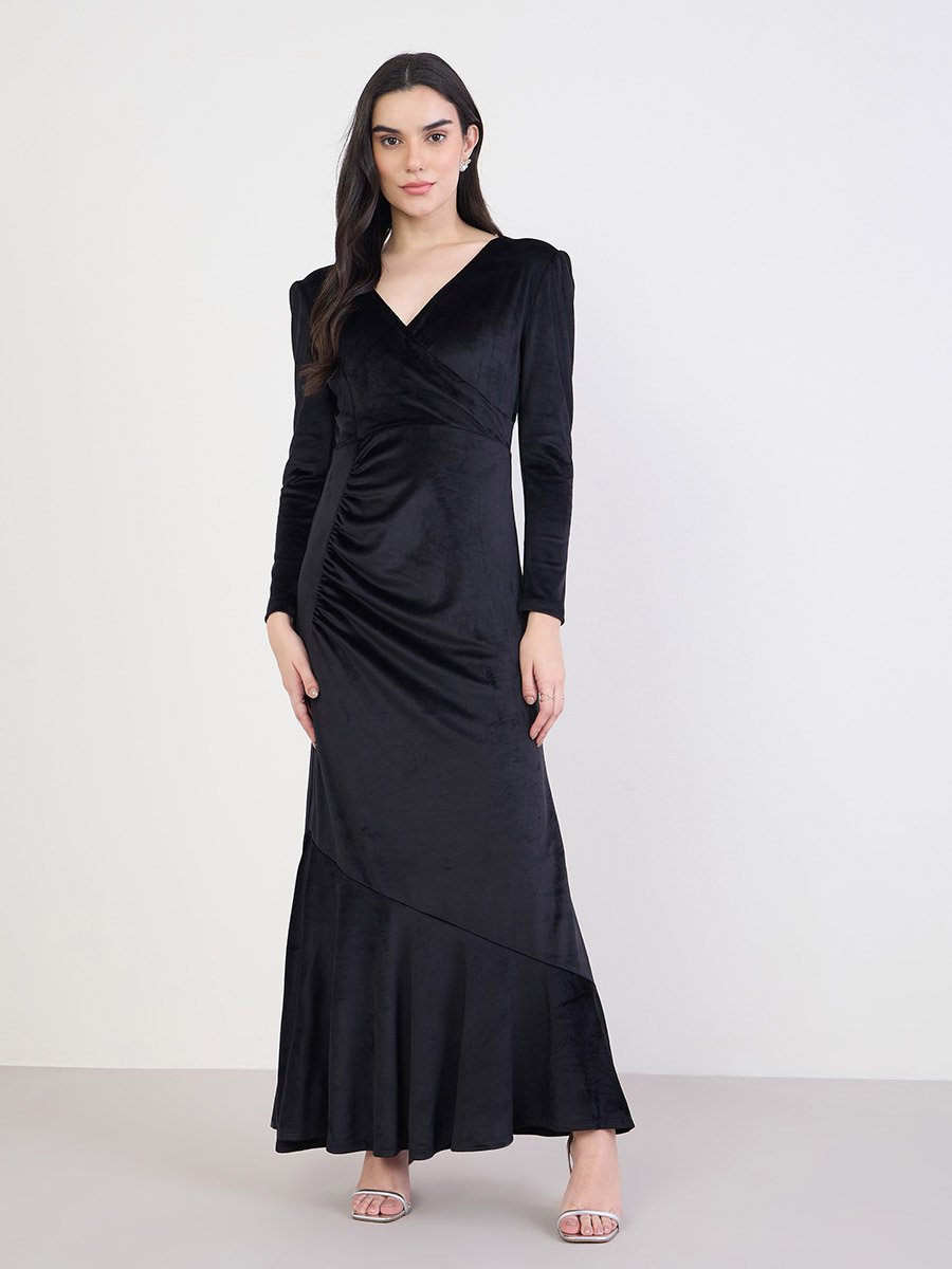 Women Black Velvet Wrap Maxi Dress