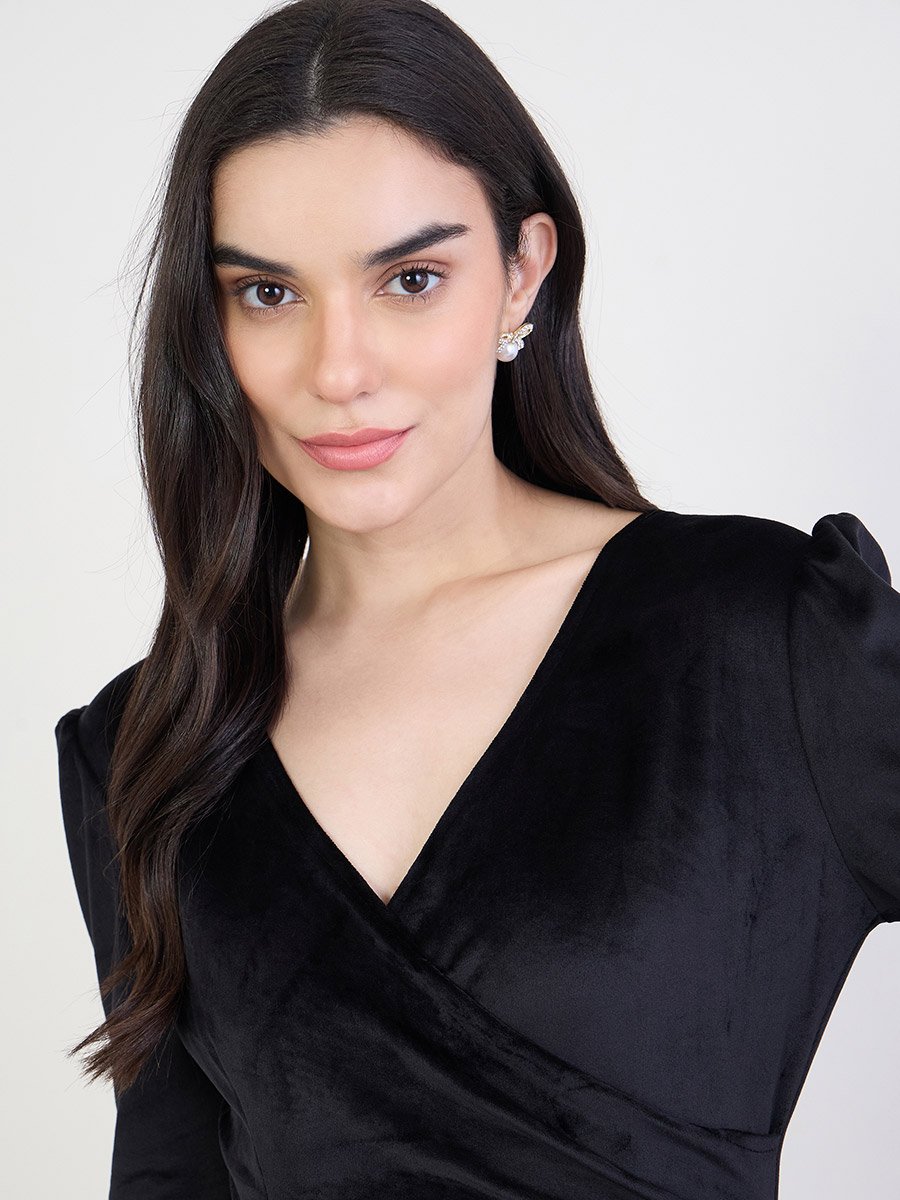 Women Black Velvet Wrap Maxi Dress