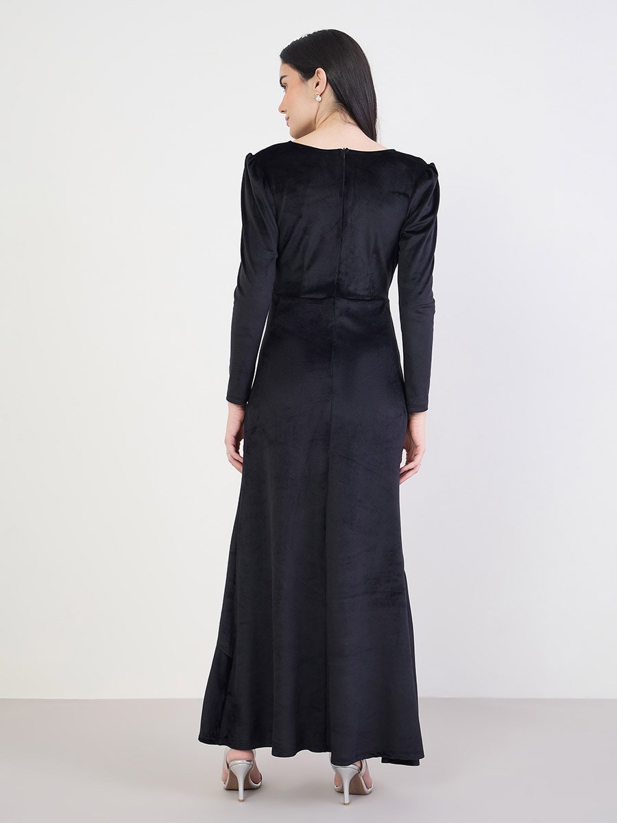 Women Black Velvet Wrap Maxi Dress