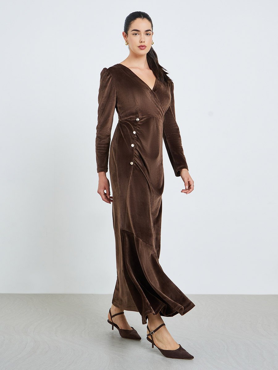 Women Brown Velvet Look Maxi Dress with Button Detail For Women at Kuwait |  Styli