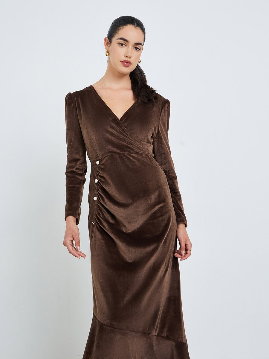 Women Brown Velvet Look Maxi Dress with Button Detail For Women at Kuwait |  Styli