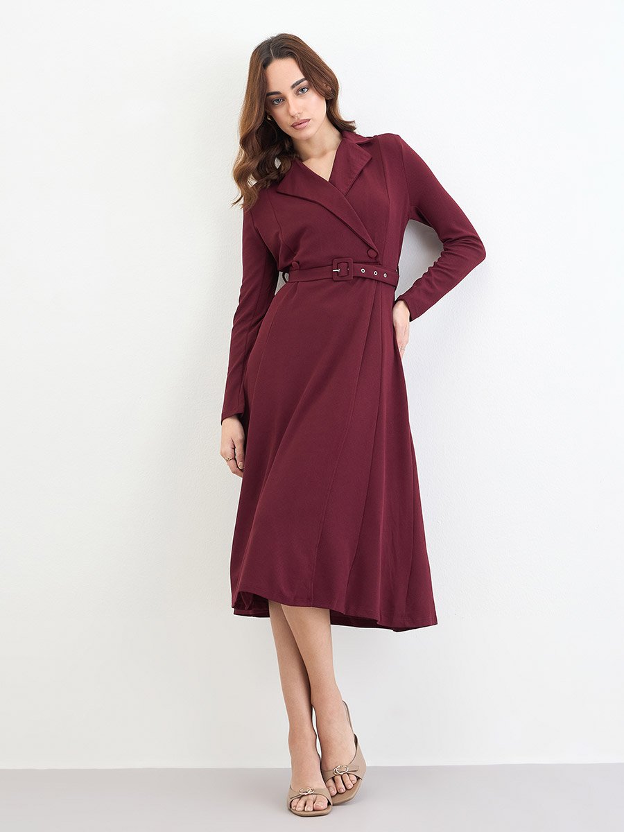 Burgundy Belted Blazer Midi Dress