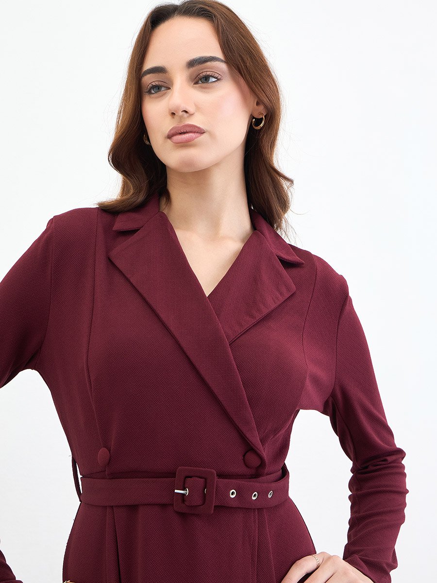Burgundy Belted Blazer Midi Dress