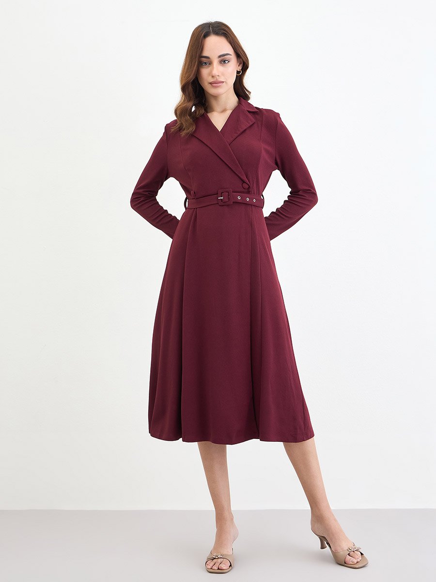 Burgundy Belted Blazer Midi Dress
