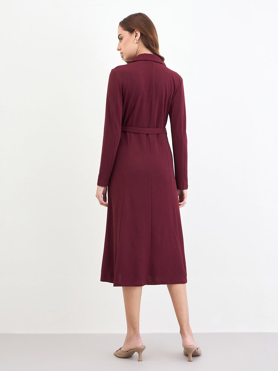Burgundy Belted Blazer Midi Dress