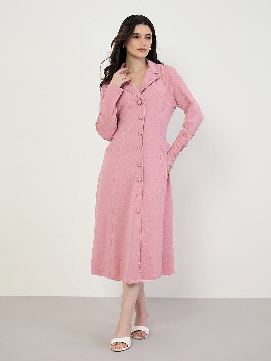 Pink Long Sleeves Blazer Midi Dress