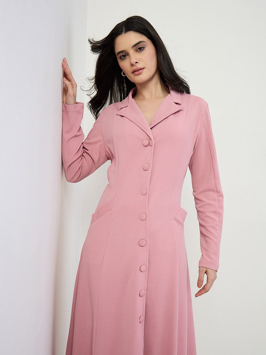 Pink Long Sleeves Blazer Midi Dress