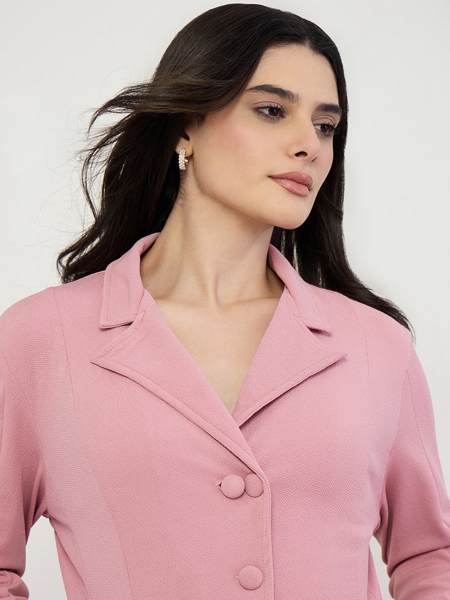 Pink Long Sleeves Blazer Midi Dress