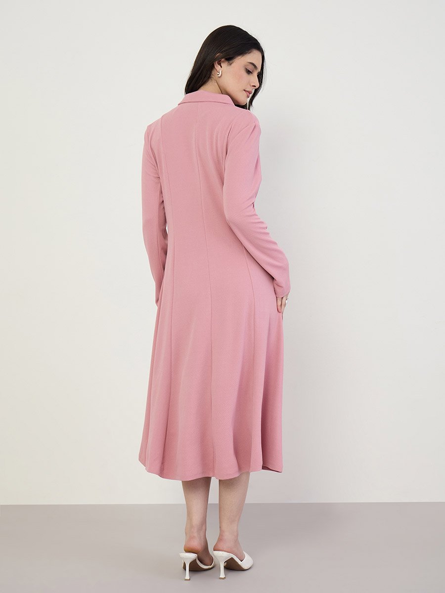 Pink Long Sleeves Blazer Midi Dress