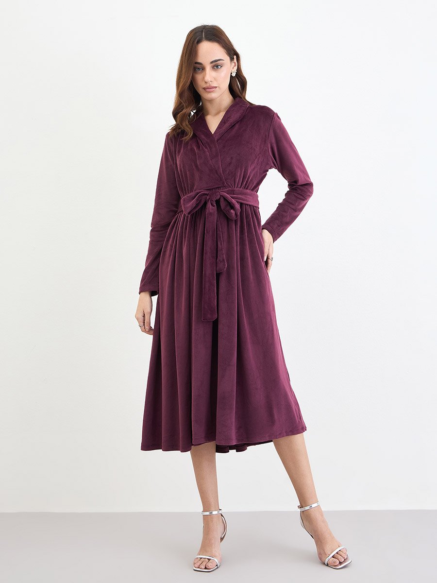 Magenta Velvet Look A-Line Midi Dress