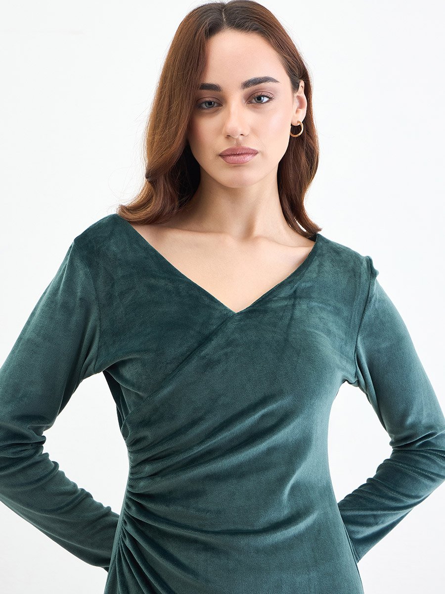 Dark Green Velvet Look A-Line Maxi Dress