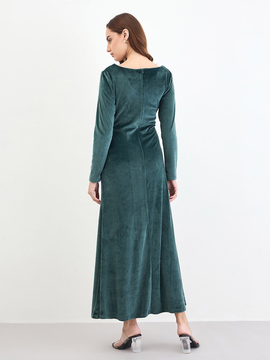 Dark Green Velvet Look A-Line Maxi Dress