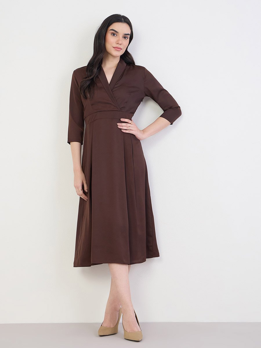 Women A-Line Midi Dress with 3/4 Sleeves