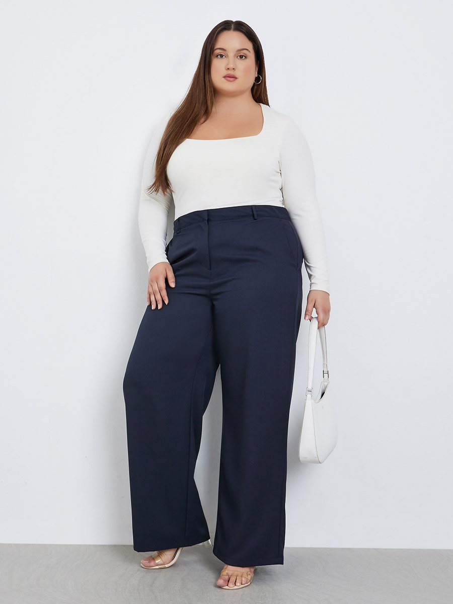 Plus Size Navy Wide Leg Trousers For Women at Kuwait