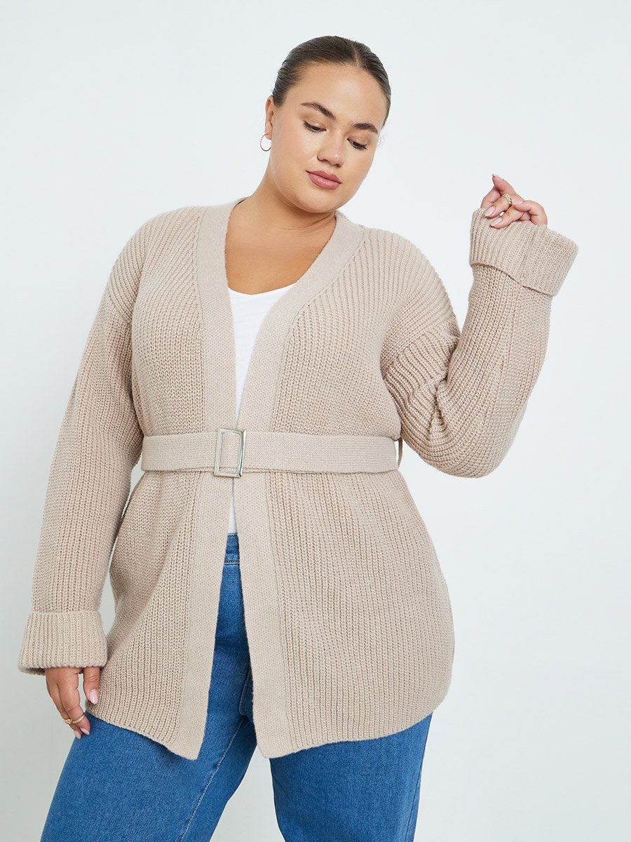 Plus Size Beige Knit Belted Cardigan