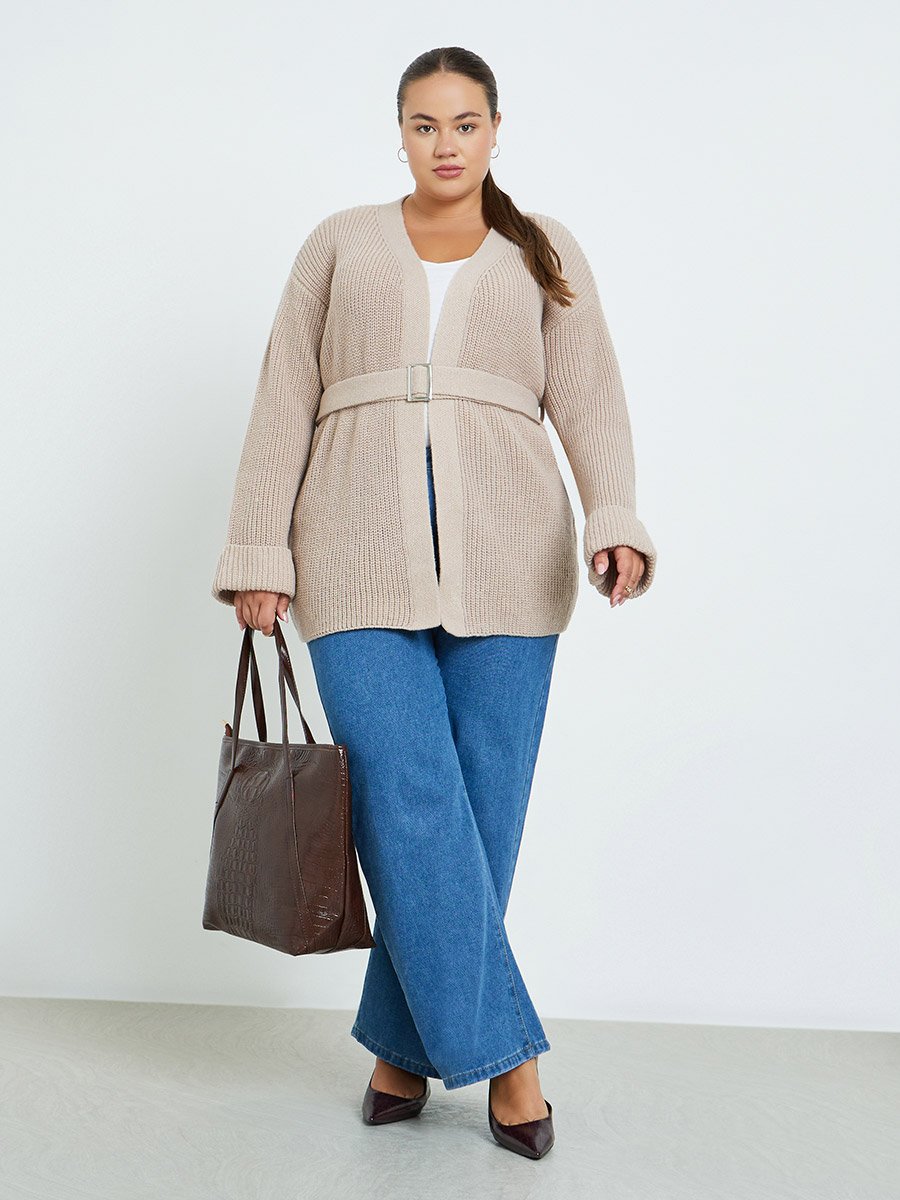 Plus Size Beige Knit Belted Cardigan