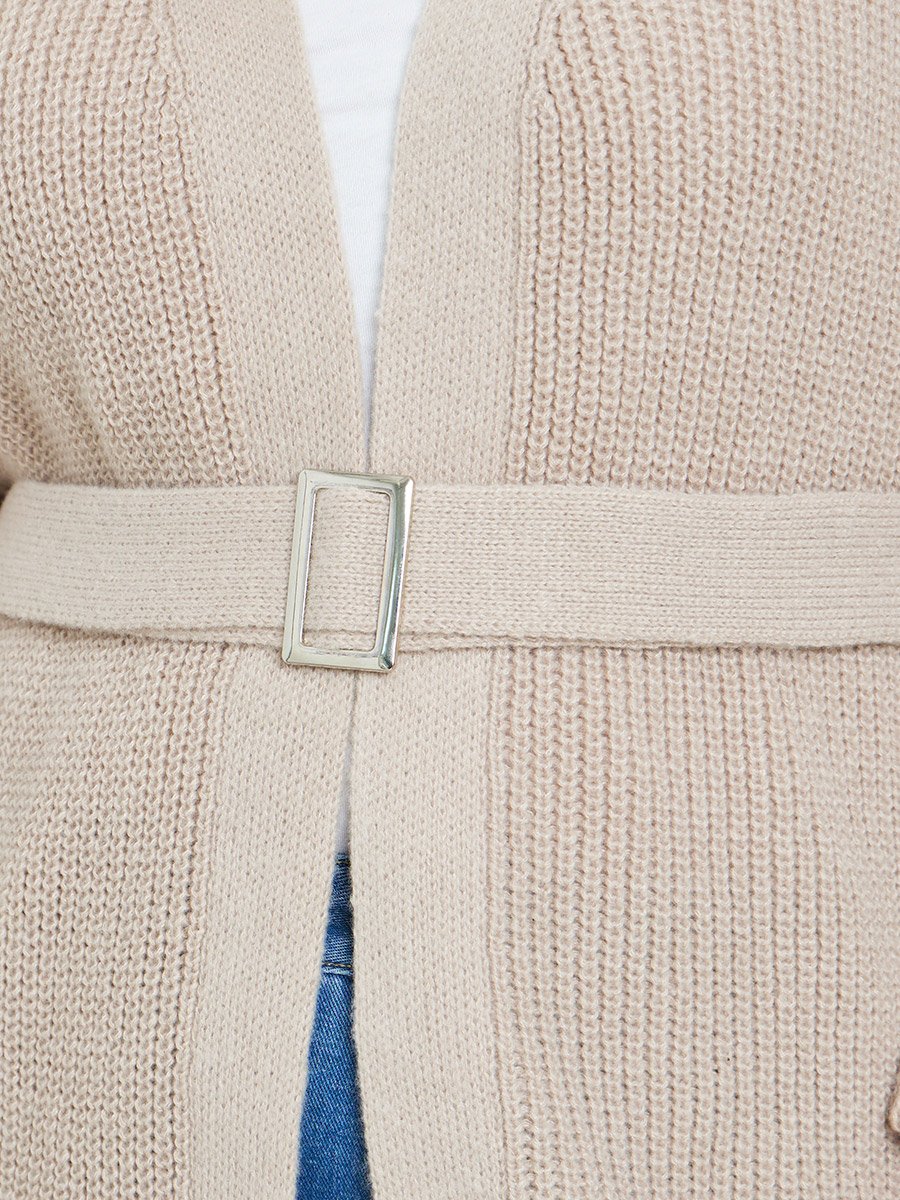 Plus Size Beige Knit Belted Cardigan