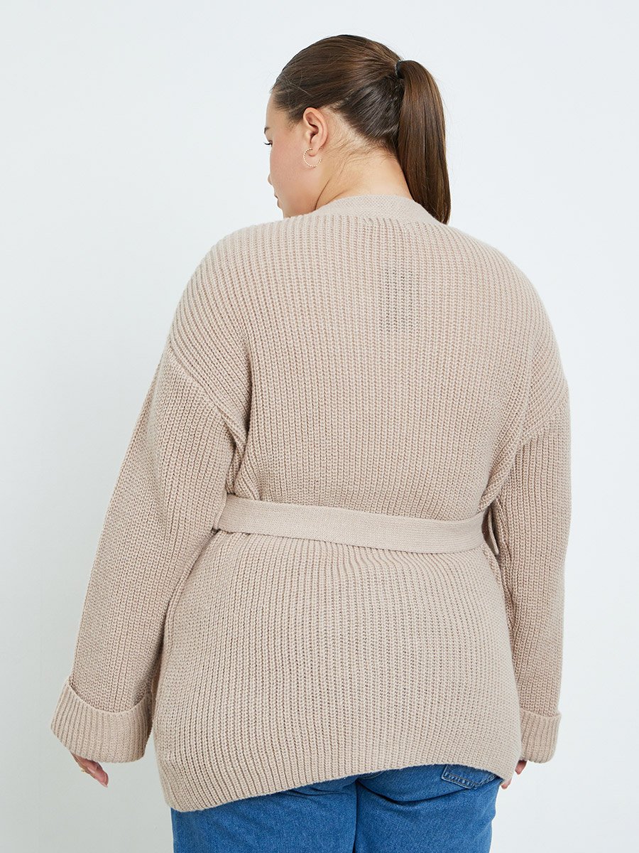 Plus Size Beige Knit Belted Cardigan