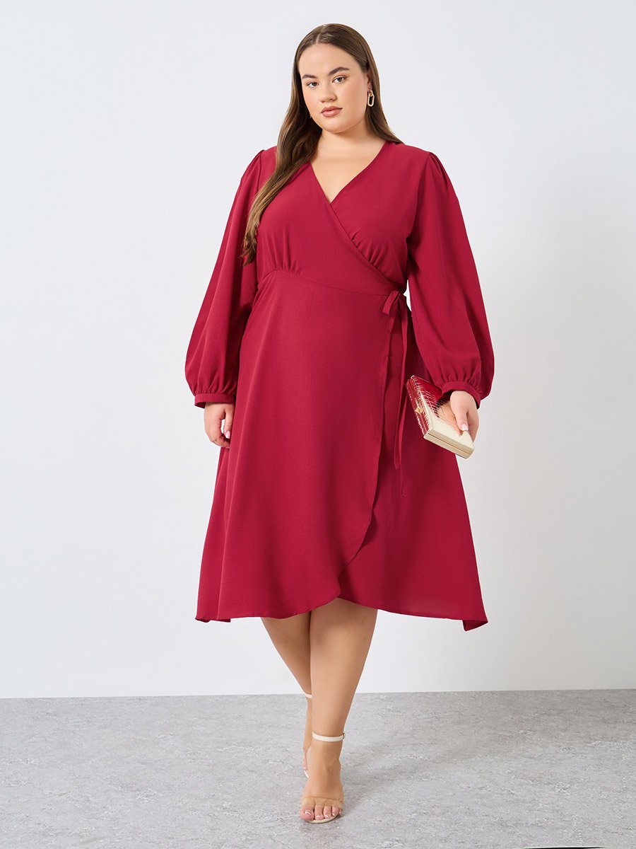Plus Size Burgundy Wrap Midi Dress For Women at Kuwait | Styli