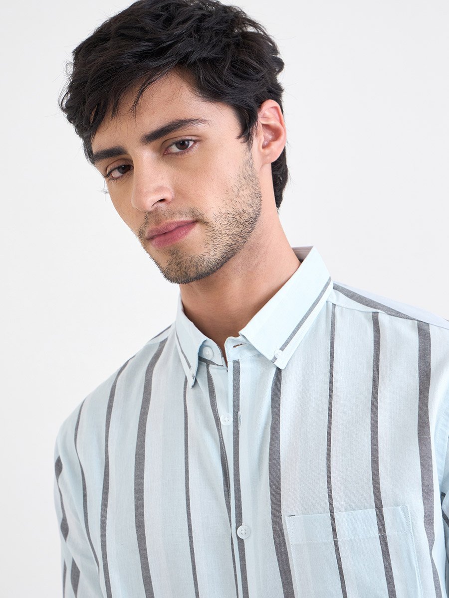 Men Light Blue Striped Long Sleeve Shirt
