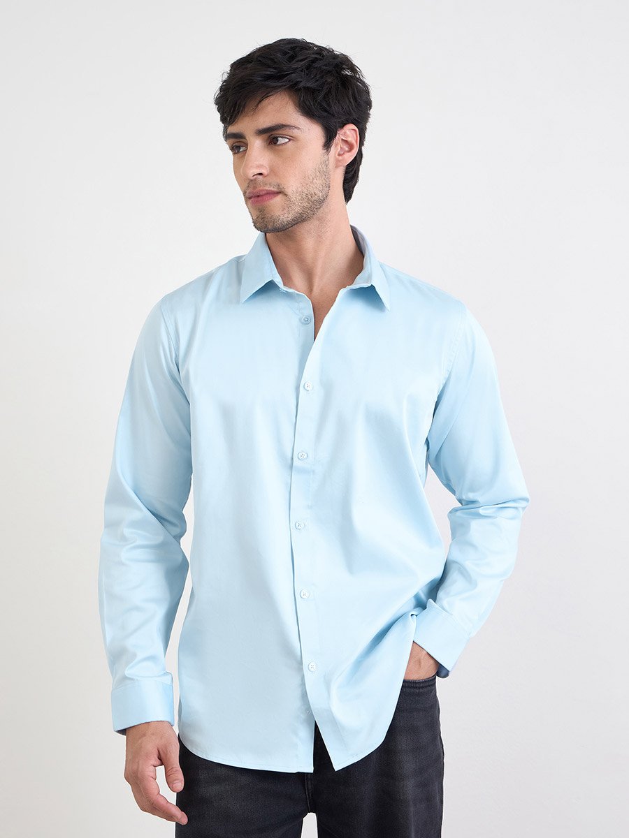 Solid Cotton Lycra Slim Fit Spread Collar Shirt