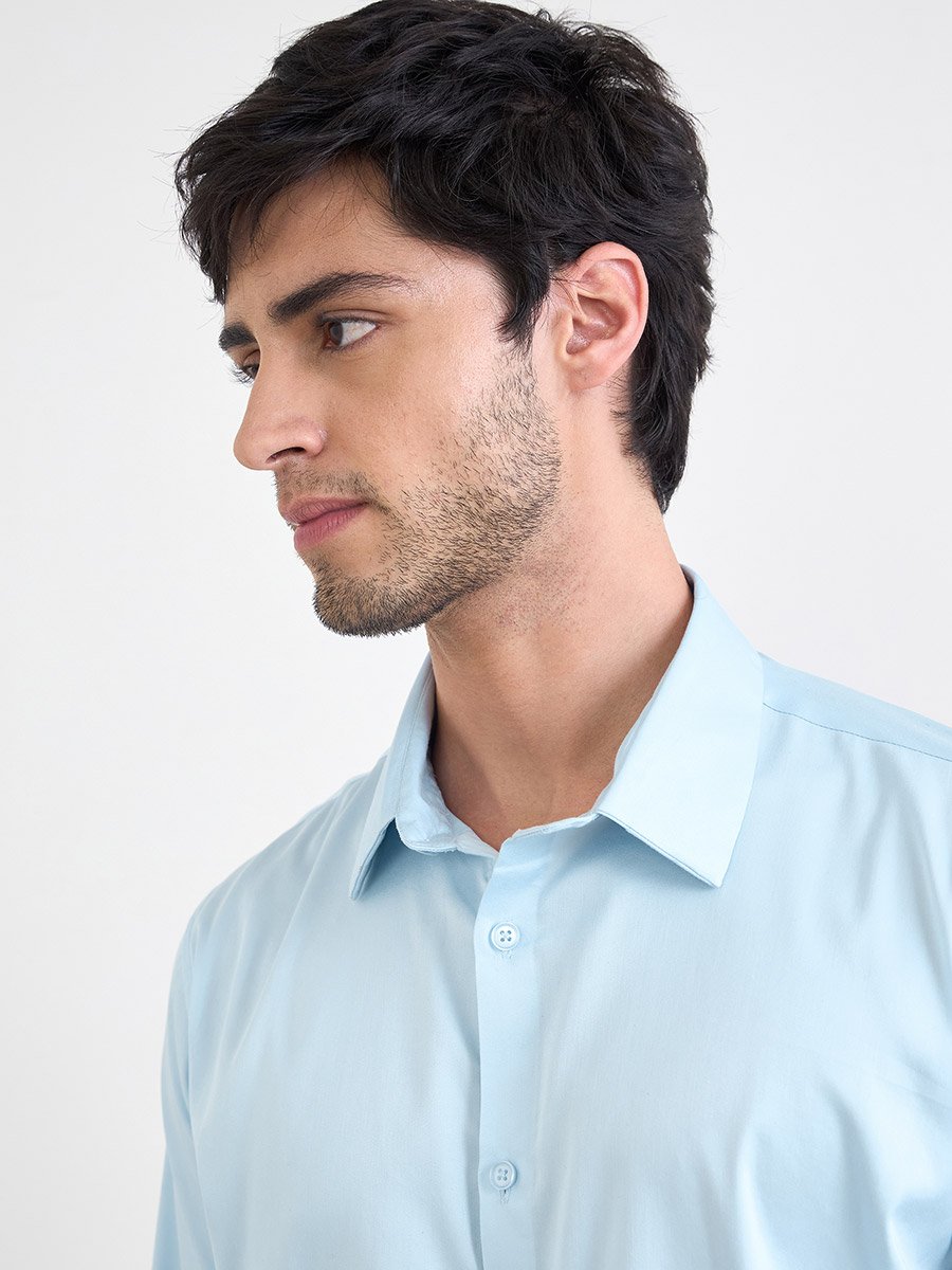 Solid Cotton Lycra Slim Fit Spread Collar Shirt