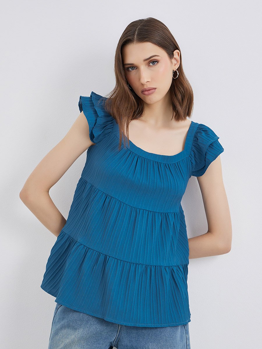 Texture Ruffled Sleeve Square Neck Top