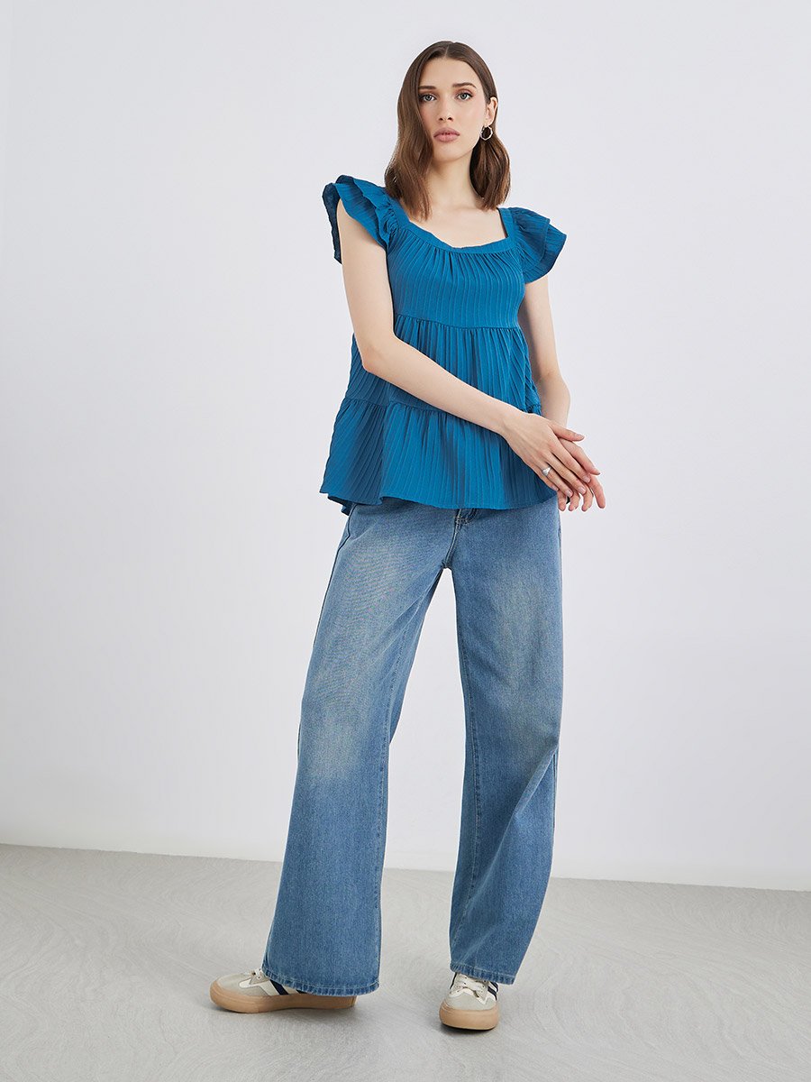 Texture Ruffled Sleeve Square Neck Top