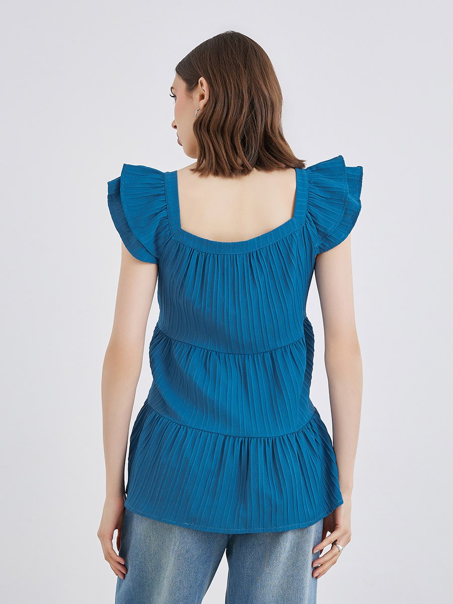 Texture Ruffled Sleeve Square Neck Top