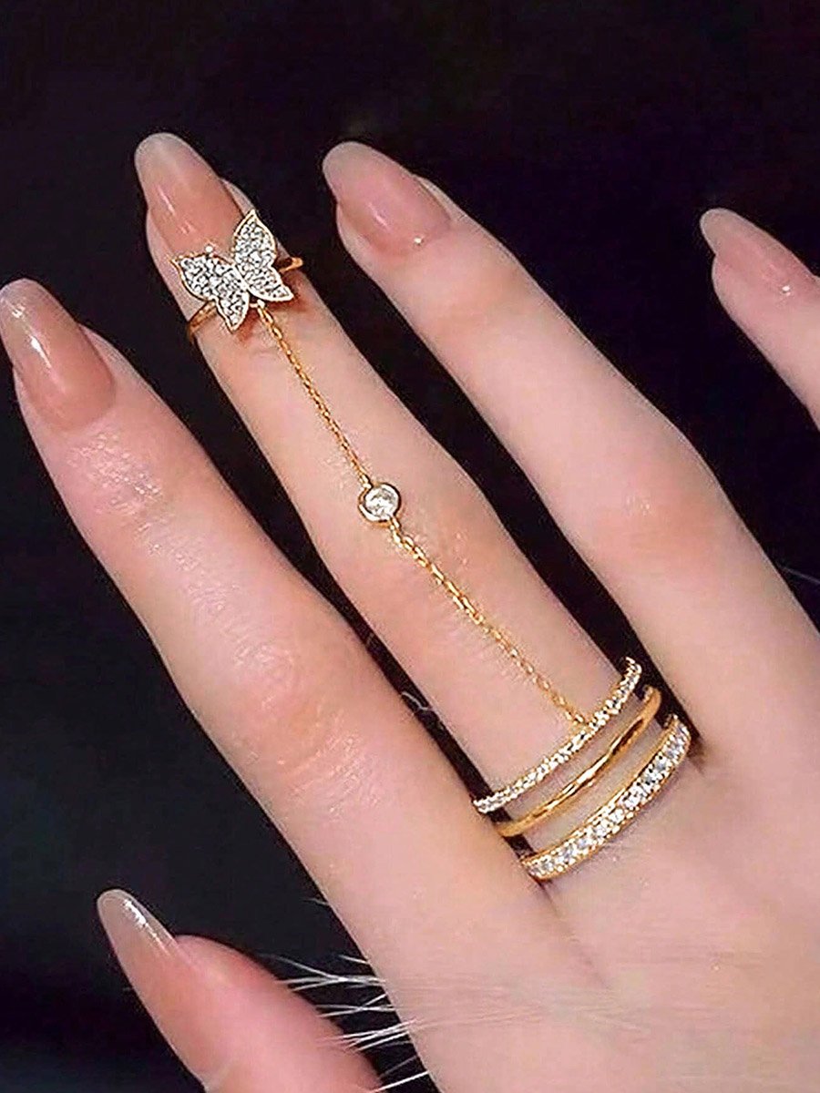 Embellished Rings with Butterfly Chain Detail