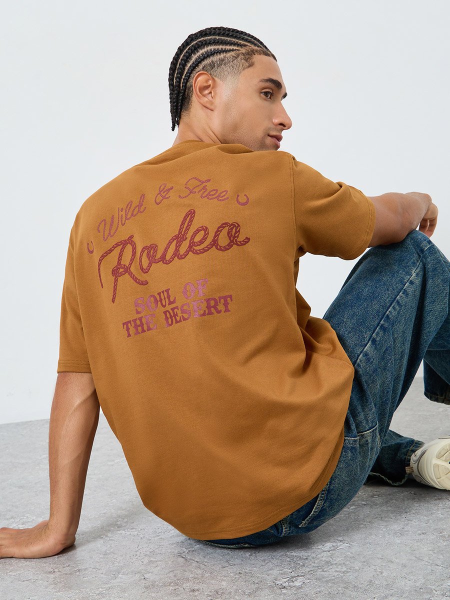 Men Brown Embroidered Slogan Oversized T-Shirt