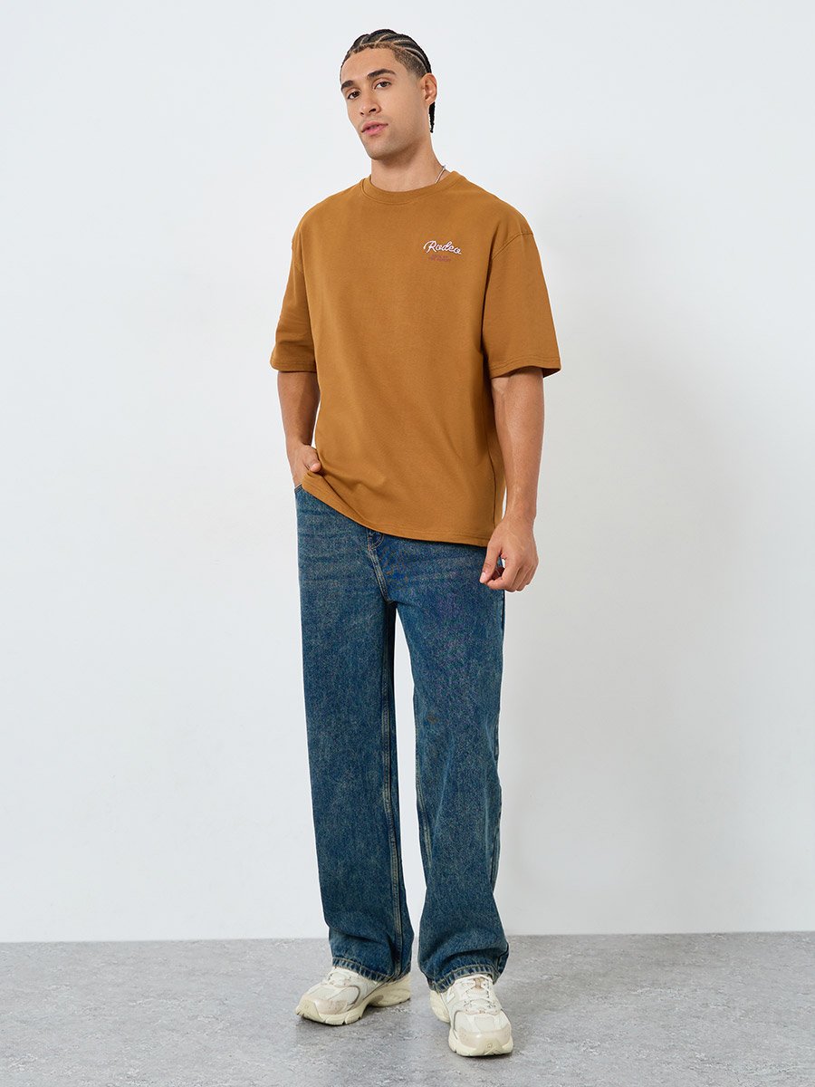 Men Brown Embroidered Slogan Oversized T-Shirt