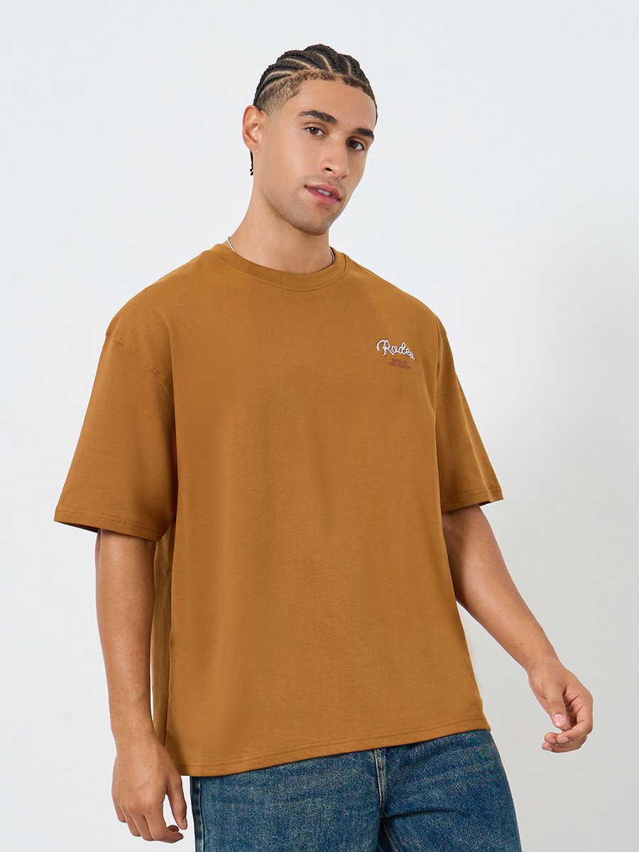 Men Brown Embroidered Slogan Oversized T-Shirt