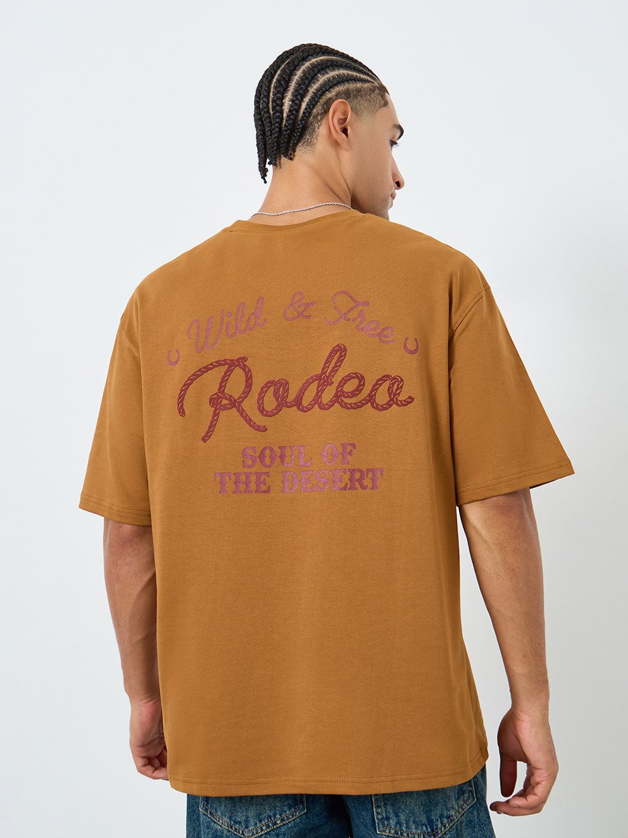 Men Brown Embroidered Slogan Oversized T-Shirt