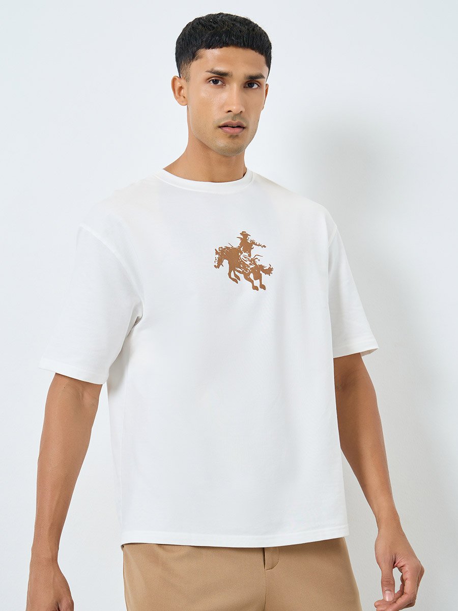 Men White Ranchy Rodeo Graphic Oversized T-Shirt