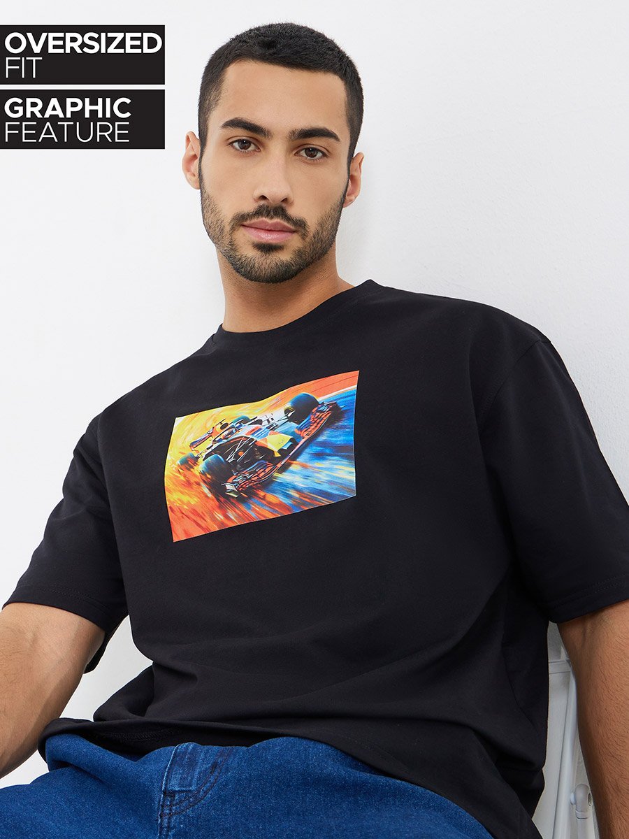 Men Black Graphic Print Oversized T-Shirt