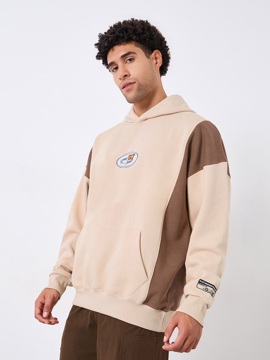 Men Beige Embroidered Panel Hoodie