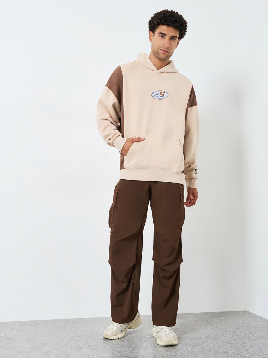 Men Beige Embroidered Panel Hoodie